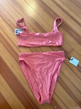 Jade Swim high waisted bikini in coral sheen. Coast top and Incline bottom.